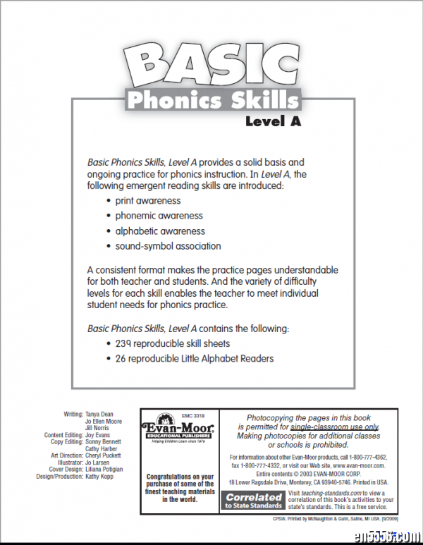 Evan-Moor Basic Phonics Skills PreK-K 练习册 高清 易打印5721 作者:one 帖子ID:250690 
