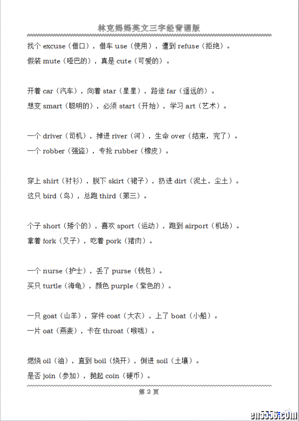 326个英文单词轻松掌握（英文三字经背诵版、打印版及相关视频、音频、文字资料）6170 作者:one 帖子ID:250738 
