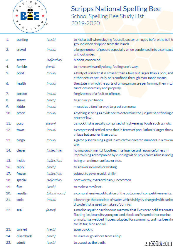 1925年，在美国成立的scripps national spelling bee 2020单词清单，27 作者:one 帖子ID:250990 